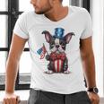 Boston Terrier Puppy Dog Holds His American Flag 4th Of July Men's V-Neck T-Shirt, American Boston Terrier Shirts, Boston Terrier 4th Of July Shirts, gift for family, gift for coworker