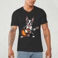 Boston Terrier Playing Guitar Boston Terrier Men's V-Neck T-Shirt, novelty gifts, funny gifts