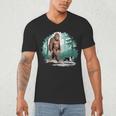 Whimsical Forest Adventures Sasquatch Bigfoot Walking Boston Terrier Dog Lovers Men's V-Neck T-Shirt, novelty gifts, funny gifts