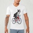 Boston Terrier Riding Bicycle Cute Bostie Biker Raglan Baseball Tee Men's V-Neck T-Shirt, novelty gifts, funny gifts
