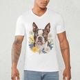 Floral Boston Terrier Men's V-Neck T-Shirt, novelty gifts, funny gifts