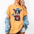 Boston Terrier Puppy Dog Holds His American Flag 4th Of July Women's Comfort Colors T-Shirt Mustard