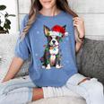 Boston Terrier Christmas Santa Hat Tree Lights Pajama Women's Comfort Colors T-Shirt Blue Jean