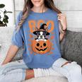 Boston Terrier Costume On Pumpkin Halloween Boston Terrier Women's Comfort Colors T-Shirt Blue Jean