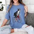 Boston Terrier Riding Bicycle Cute Bostie Biker Raglan Baseball Tee Women's Comfort Colors T-Shirt Blue Jean