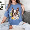 Floral Boston Terrier Women's Comfort Colors T-Shirt Blue Jean
