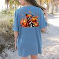 Boston Terrier Thanksgiving Leopard Pumpkins Fall Leaves Women's Comfort Colors T-Shirt Back Print Blue Jean