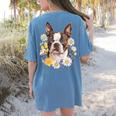 Floral Boston Terrier Women's Comfort Colors T-Shirt Back Print Blue Jean