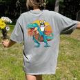 Boston Terrier Dog Riding Dinosaur T Rex Boys Women's Comfort Colors T-Shirt Back Print Grey