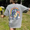 Boston Terrier Riding Dinosaur T-Rex Boys Kids Rainbow Women's Comfort Colors T-Shirt Back Print Grey