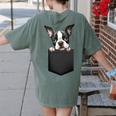 Boston Terrier Dog Puppy Dog In Pocket Cute Pet Lover Women's Comfort Colors T-Shirt Back Print Moss