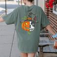 Boston Terrier Pumpkin Jack O Lantern Halloween Women's Comfort Colors T-Shirt Back Print Moss