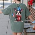 Boston Terrier Puppy Dog Holds His American Flag 4th Of July Women's Comfort Colors T-Shirt Back Print Moss