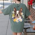Floral Boston Terrier Women's Comfort Colors T-Shirt Back Print Moss