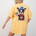Boston Terrier Puppy Dog Holds His American Flag 4th Of July Women's Comfort Colors T-Shirt Back Print Mustard