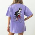 Boston Terrier Riding Bicycle Cute Bostie Biker Raglan Baseball Tee Women's Comfort Colors T-Shirt Back Print Violet