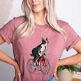 Boston Terrier Riding Bicycle Cute Bostie Biker Raglan Baseball Tee Women's Heather T-Shirt Heather Mauve
