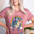 Boston Terrier Riding Dinosaur T-Rex Boys Kids Rainbow Women's Heather T-Shirt Heather Mauve