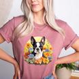 Cute Boston Terrier Spring Flower Garden Colorful Puppy Dog Women's Heather T-Shirt Heather Mauve