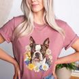 Floral Boston Terrier Women's Heather T-Shirt Heather Mauve