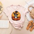 Boston Terrier Bostie Dog Breed Pet Halloween Pumpkins Women's Heather T-Shirt Heather Peach