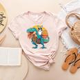 Boston Terrier Dog Riding Dinosaur T Rex Boys Women's Heather T-Shirt Heather Peach