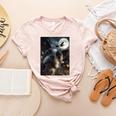 Boston Terrier Selfie Full Moon Flying Witch Halloween Dog Women's Heather T-Shirt Heather Peach