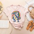 Boston Terrier Unicorn Riding Dinosaur T-Rex Girls Rainbow Women's Heather T-Shirt Heather Peach