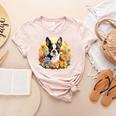 Cute Boston Terrier Spring Flower Garden Colorful Puppy Dog Women's Heather T-Shirt Heather Peach
