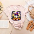 Halloween Boston Terrier Dog Breed With Jack O' Lantern Art Women's Heather T-Shirt Heather Peach