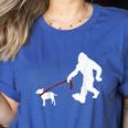 Bigfoot Walking With Bull Terrier Dog Women's Heather T-Shirt Heather True Royal