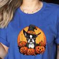 Boston Terrier Bostie Dog Breed Pet Halloween Pumpkins Women's Heather T-Shirt Heather True Royal