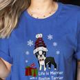 Boston Terrier Christmas T Shirt-Life Is Merrier Premium Tri-Blend Women's Heather T-Shirt Heather True Royal
