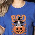 Boston Terrier Costume On Pumpkin Halloween Boston Terrier Women's Heather T-Shirt Heather True Royal