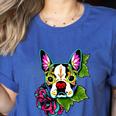 Boston Terrier In Day Of The Dead Sugar Skull Dog Women's Heather T-Shirt Heather True Royal