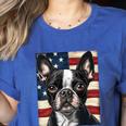 Boston Terrier Dog American Flag 4th Of July Patriotic Puppy Women's Heather T-Shirt Heather True Royal