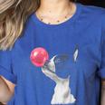 Boston Terrier Dog Blowing Chewing Bubble Gum Pink Women's Heather T-Shirt Heather True Royal