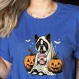 Boston Terrier Ghost Boo Halloween Costume Spooky Season Women's Heather T-Shirt Heather True Royal