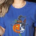 Boston Terrier Pumpkin Jack O Lantern Halloween Women's Heather T-Shirt Heather True Royal