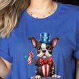Boston Terrier Puppy Dog Holds His American Flag 4th Of July Women's Heather T-Shirt Heather True Royal