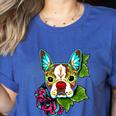 Boston Terrier In Red Day Of The Dead Sugar Skull Dog Women's Heather T-Shirt Heather True Royal