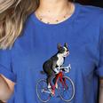 Boston Terrier Riding Bicycle Cute Bostie Biker Raglan Baseball Tee Women's Heather T-Shirt Heather True Royal