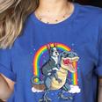 Boston Terrier Riding Dinosaur T-Rex Boys Kids Rainbow Women's Heather T-Shirt Heather True Royal