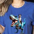 Boston Terrier Riding T-Rex Dinosaur Dog Lover Women's Heather T-Shirt Heather True Royal