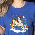 Boston Terrier Riding Unicorn Boys Girls Kids Rainbow Women's Heather T-Shirt Heather True Royal