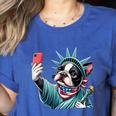 Boston Terrier Selfie Statue Of Liberty 4th Of July American Women's Heather T-Shirt Heather True Royal