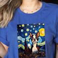 Boston Terrier Starry Night Van Gogh Art Women's Heather T-Shirt Heather True Royal