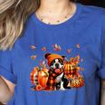 Boston Terrier Thanksgiving Leopard Pumpkins Fall Leaves Women's Heather T-Shirt Heather True Royal
