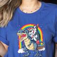 Boston Terrier Unicorn Riding Dinosaur T-Rex Girls Rainbow Women's Heather T-Shirt Heather True Royal