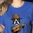Guitar Shirt Boston Terrier Dog Playing Acoustic Guitar Women's Heather T-Shirt Heather True Royal